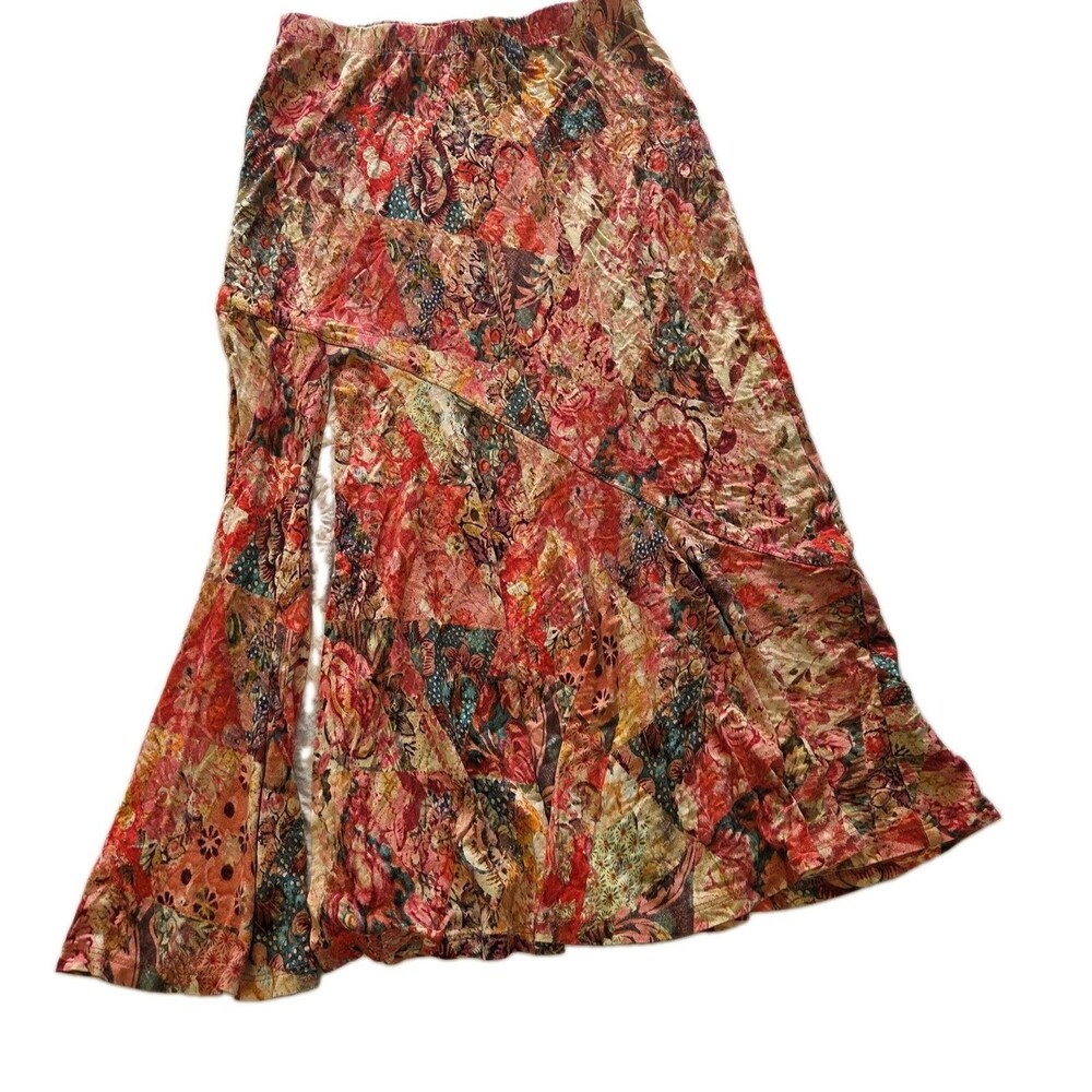 Peruvian Connection Artisan Floral Midi Skirt Size Medium Pull On Stretch Boho
